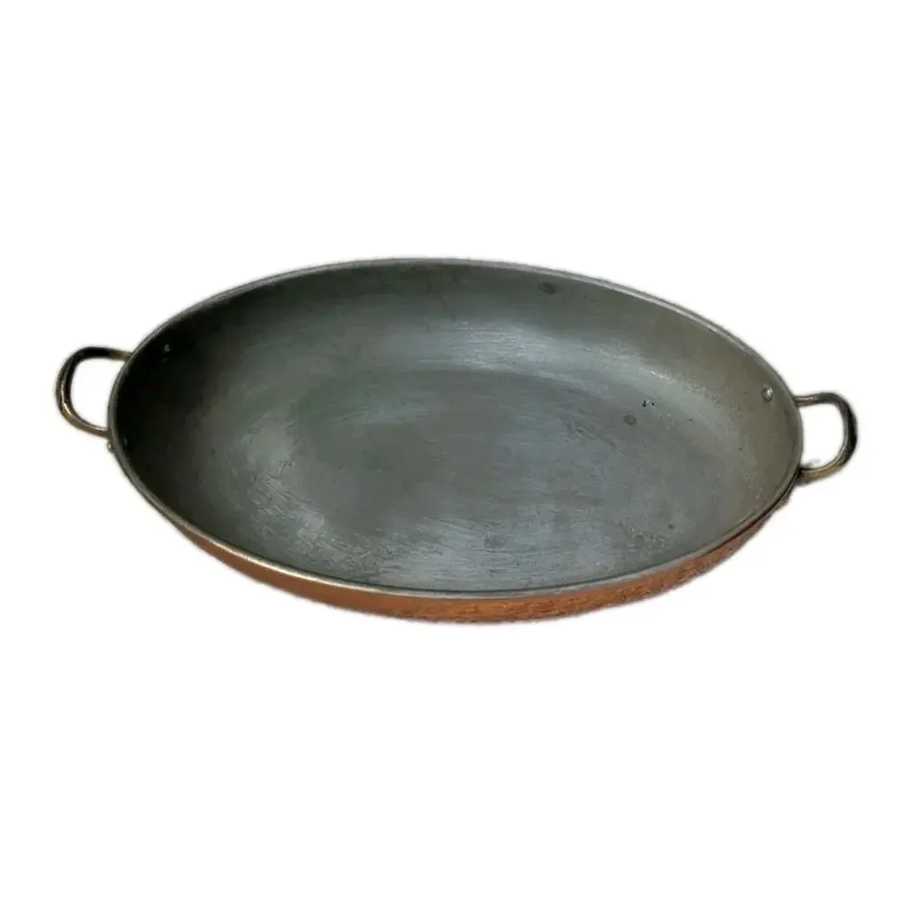 Vtg Copper Oval Gratin Pan Tin Lined Brass Handles Hammered Roasting Baking Dish